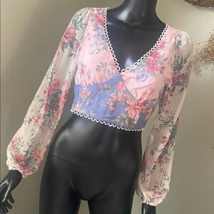 Altar'd State Pink and Blue Floral Sheer Sleeve Blouse